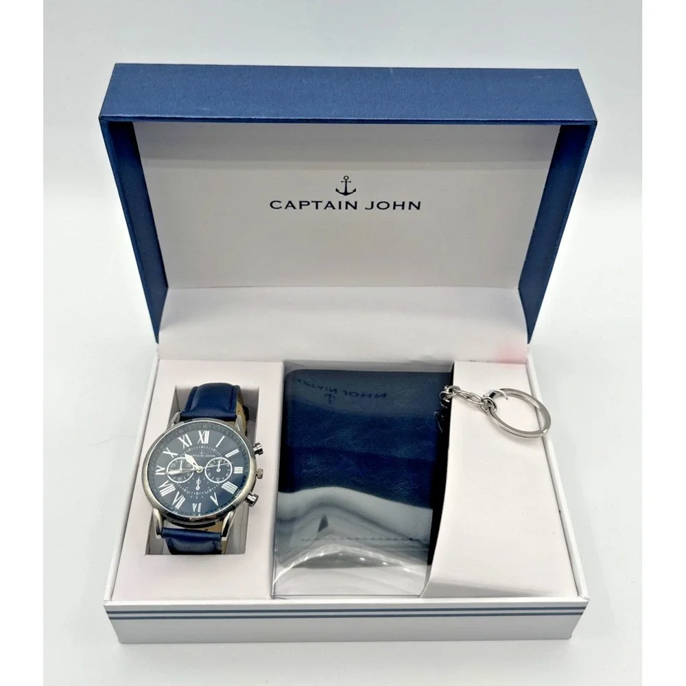 Captain John Nautical Anchor Mens Watch Wallet Keychain Gift‎ Set New in Box NIB